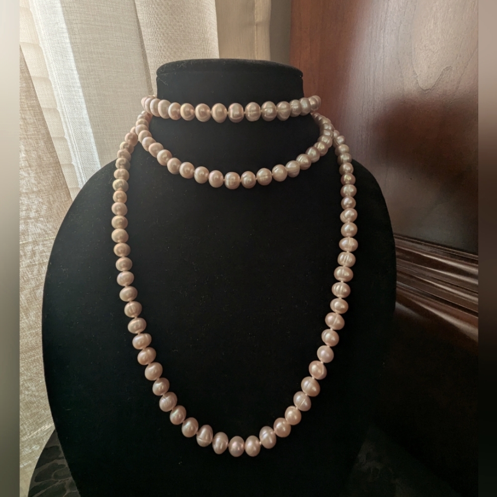 Powder Pink Pearl Necklace - Freshwater - Hand-knotted 8-9mm 54"